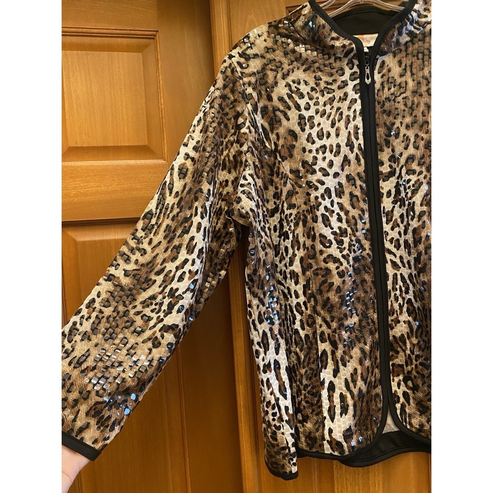 Quacker Factory Womens Jacket Sz 1X Plus Animal Print Leopard Sequin Zipper - Picture 3 of 9